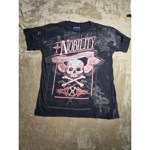 Nobility Mens Skull Crossbones Graphic T-Shirt Black Acid Wash Gothic Large